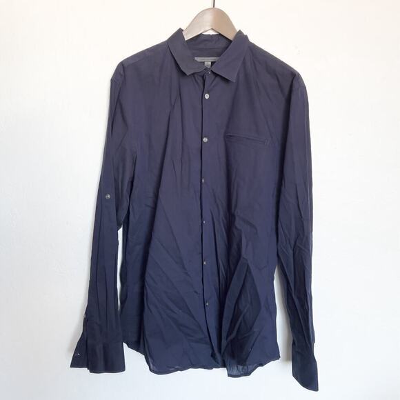 John Varvatos Button Down Dress Shirt Roll Tab Sleeve Large Navy Blue Cotton - Picture 1 of 8
